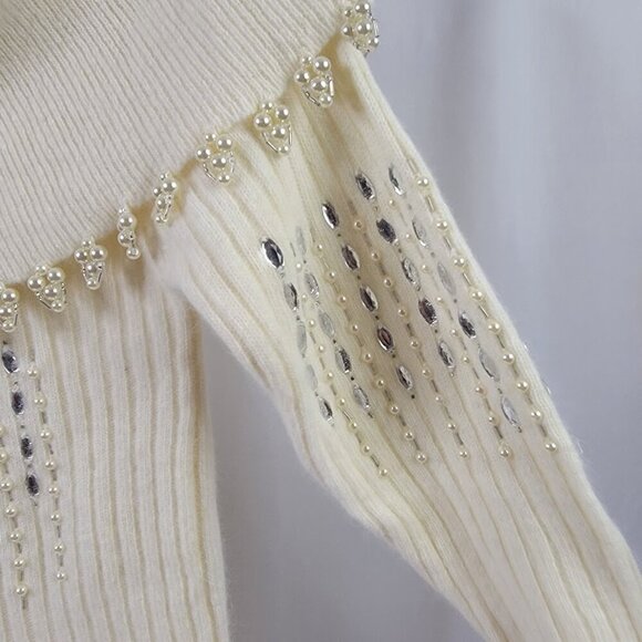 Vintage Pappagallo Beaded Pearl Off-Shoulder Sweater | Angora Wool Blend - Picture 6 of 11